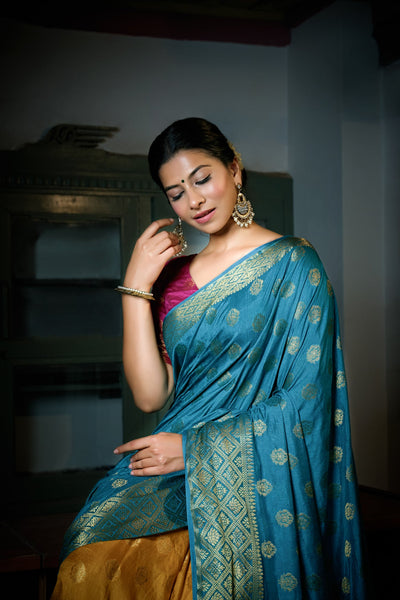 Sky Blue-Mustard Yellow Golden Zari Banarasi Raw Silk Saree