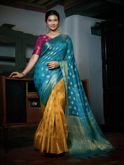 Sky Blue-Mustard Yellow Golden Zari Banarasi Raw Silk Saree