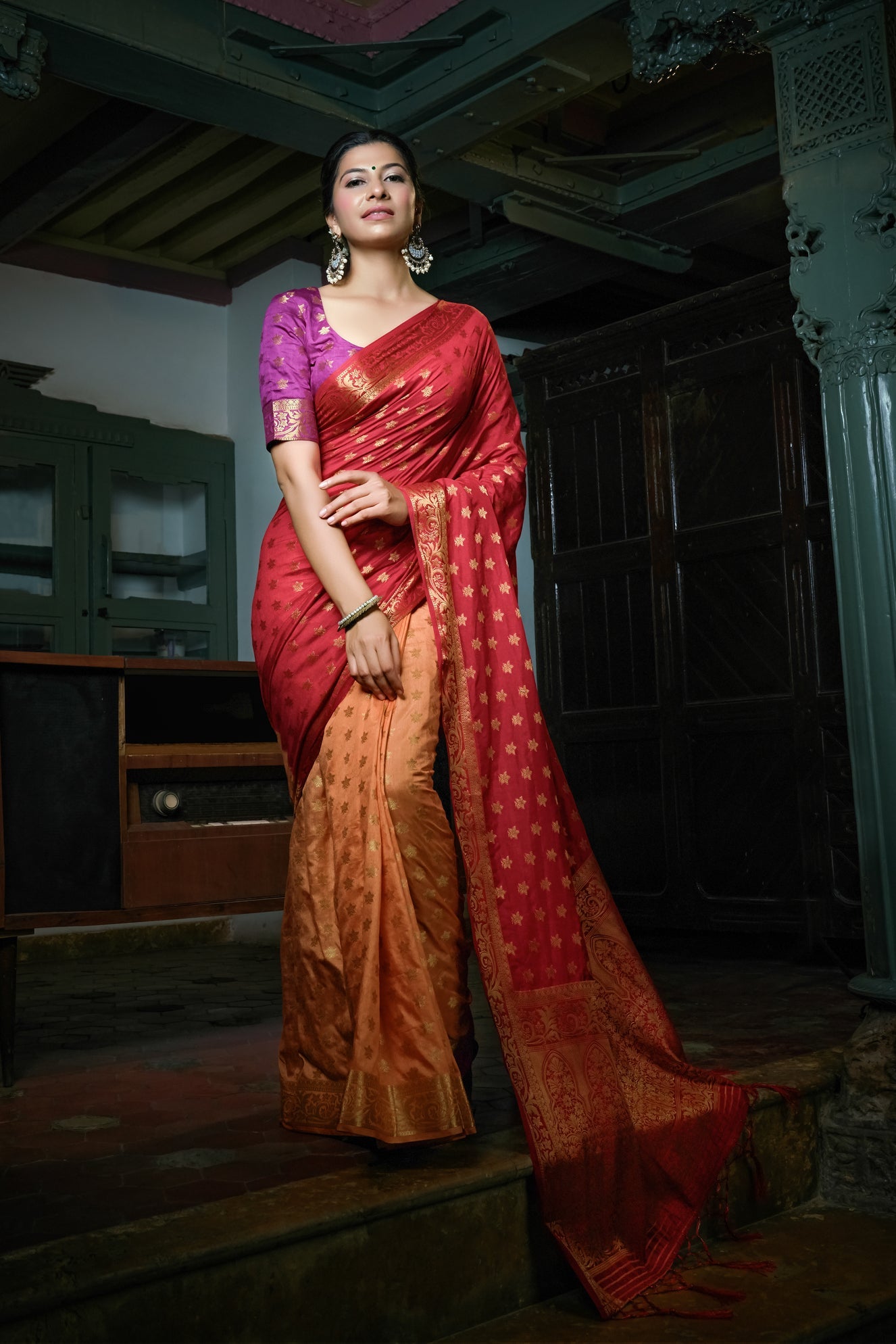 Ruby Red-Peach Golden Zari Banarasi Raw Silk Saree