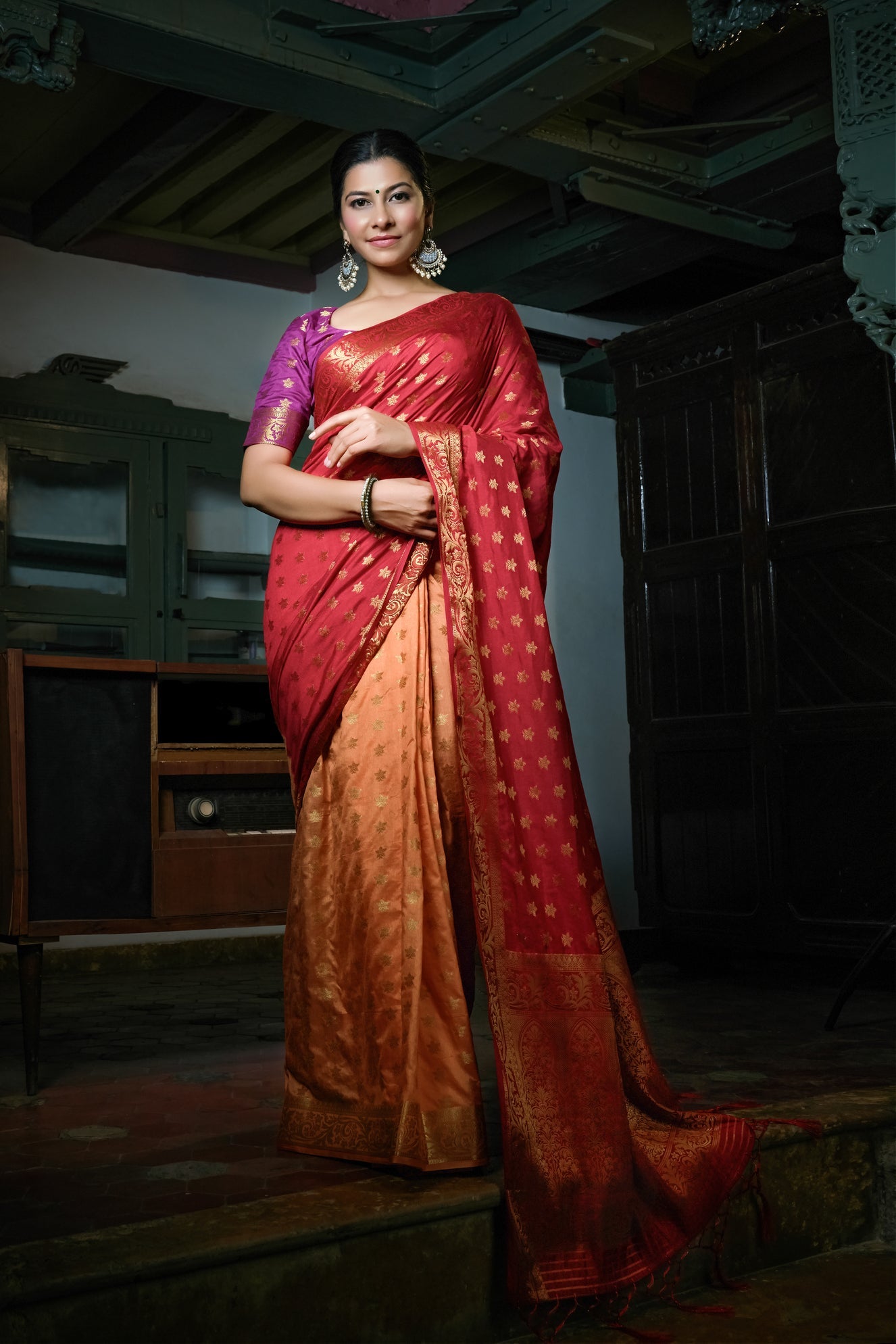 Ruby Red-Peach Golden Zari Banarasi Raw Silk Saree