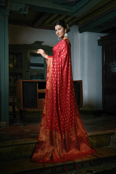 Ruby Red-Peach Golden Zari Banarasi Raw Silk Saree