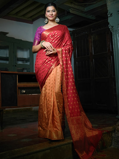 Ruby Red-Peach Golden Zari Banarasi Raw Silk Saree