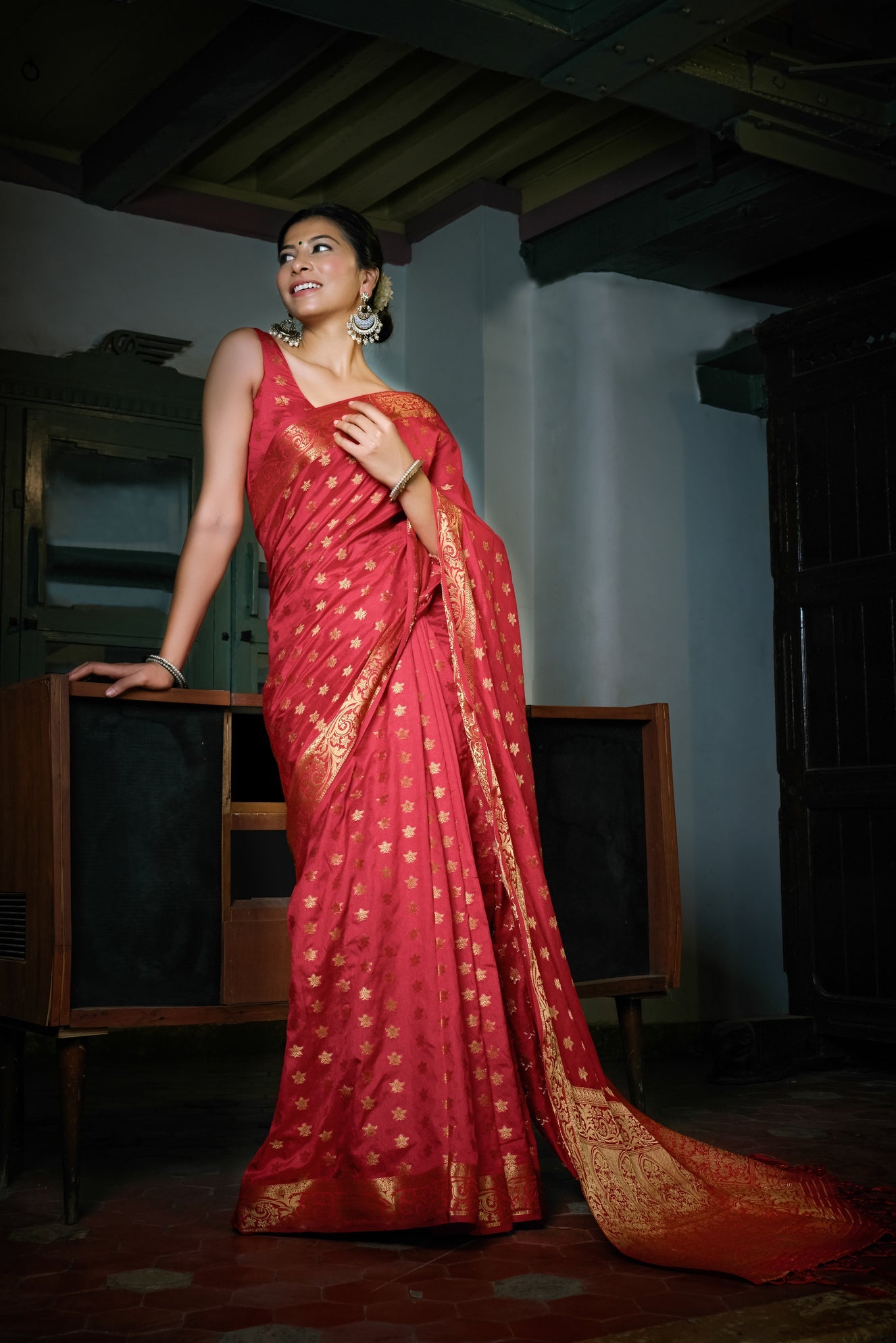 Rosewood Red Golden Zari Banarasi Raw Silk Saree