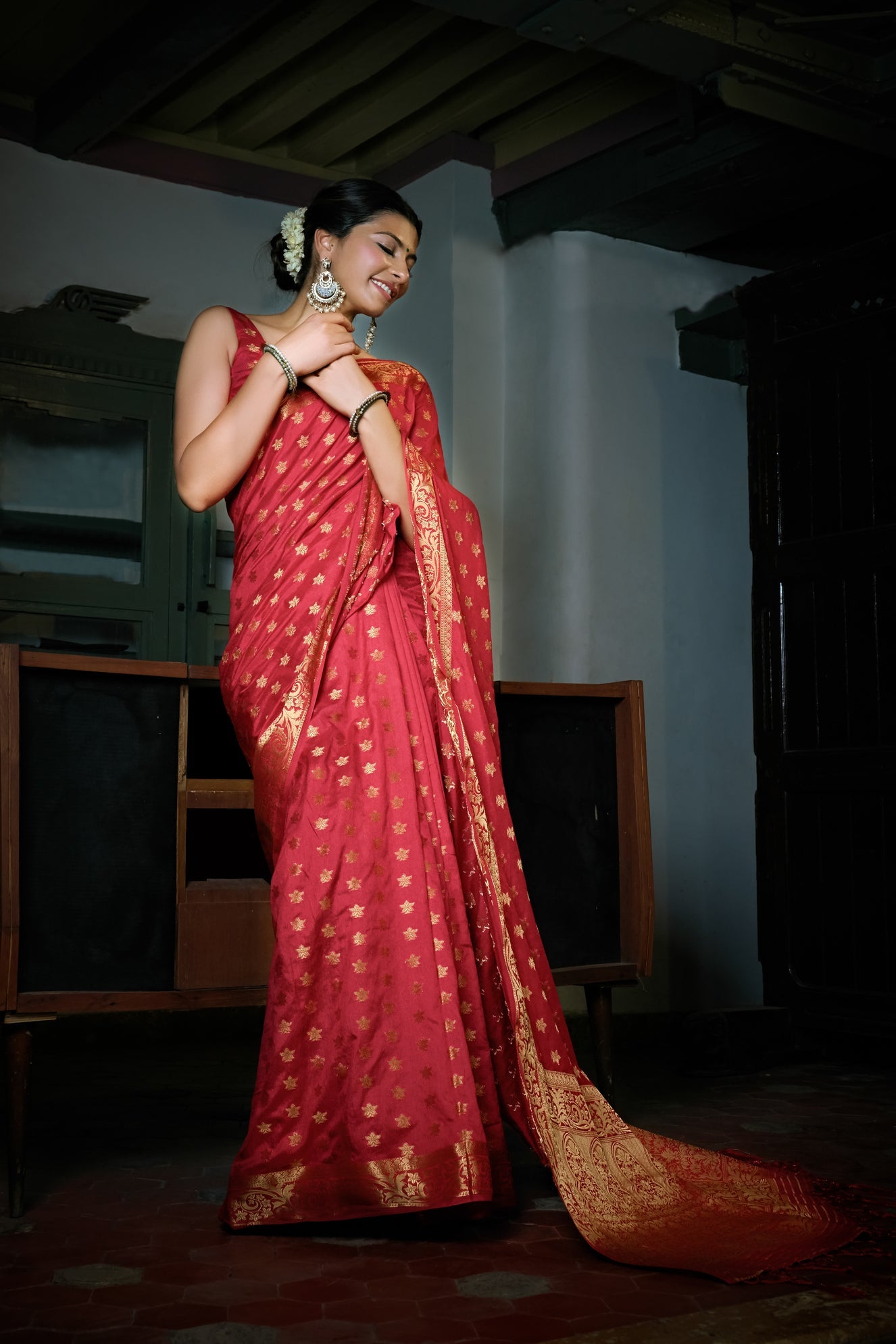 Rosewood Red Golden Zari Banarasi Raw Silk Saree