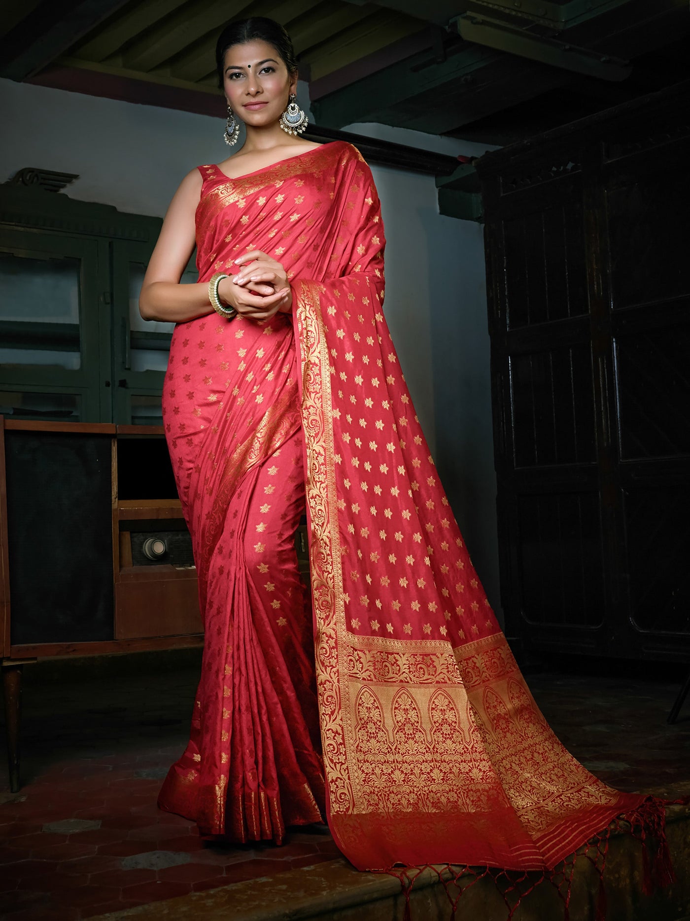 Rosewood Red Golden Zari Banarasi Raw Silk Saree