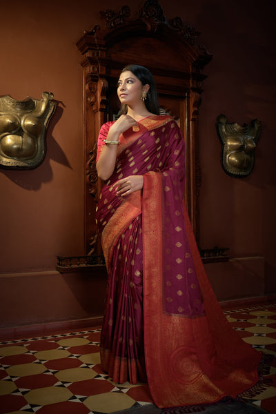 Ruby Pink Golden Zari Banarasi Satin Silk Saree