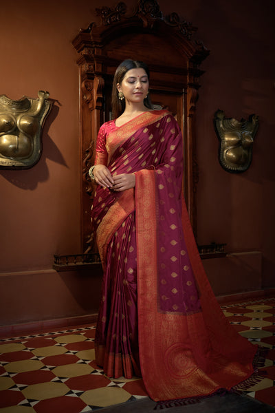 Ruby Pink Golden Zari Banarasi Satin Silk Saree