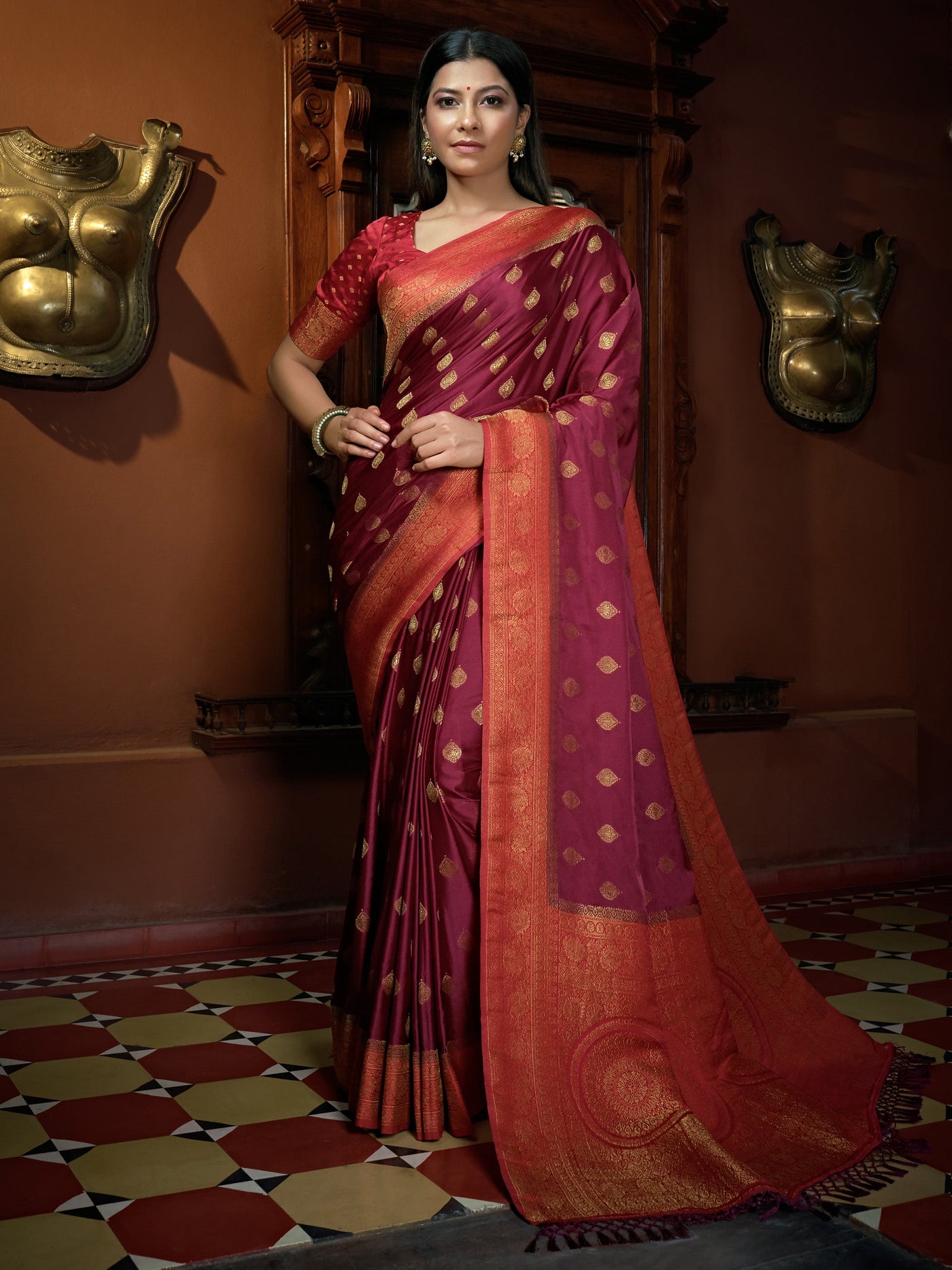 Ruby Pink Golden Zari Banarasi Satin Silk Saree