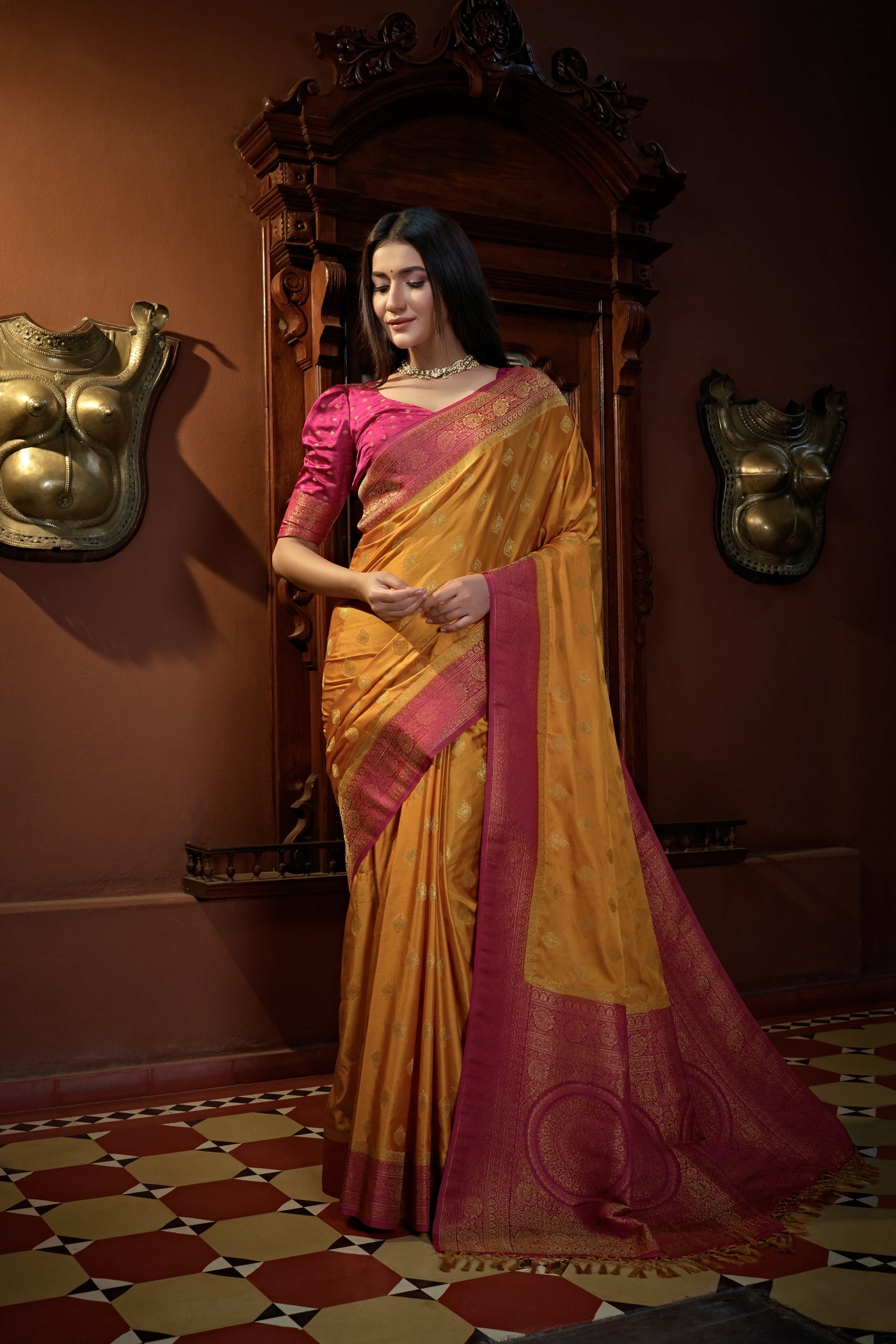 Sunset Yellow Golden Zari Banarasi Satin Silk Saree for Haldi Ceremony | House of Vardha