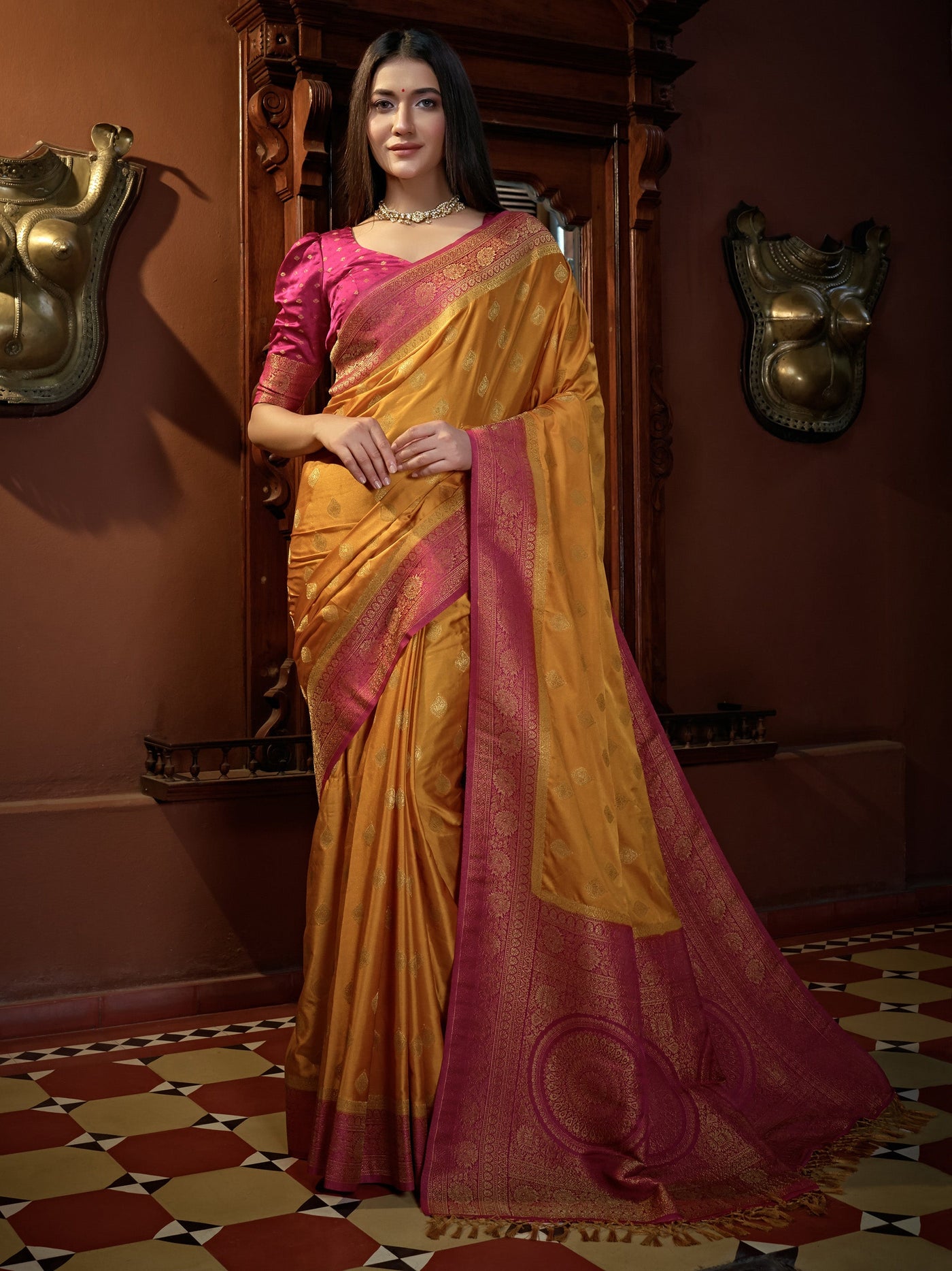 Sunset Yellow Golden Zari Banarasi Satin Silk Saree for Haldi Ceremony 