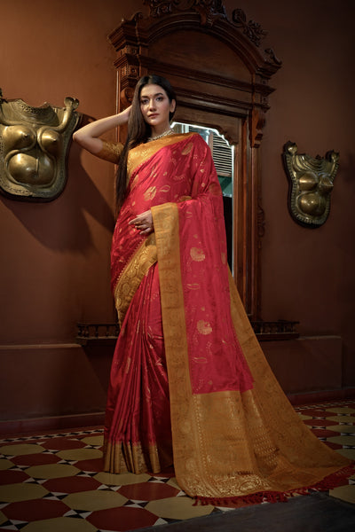 Myrtle Red Golden Zari Banarasi Satin Silk Saree