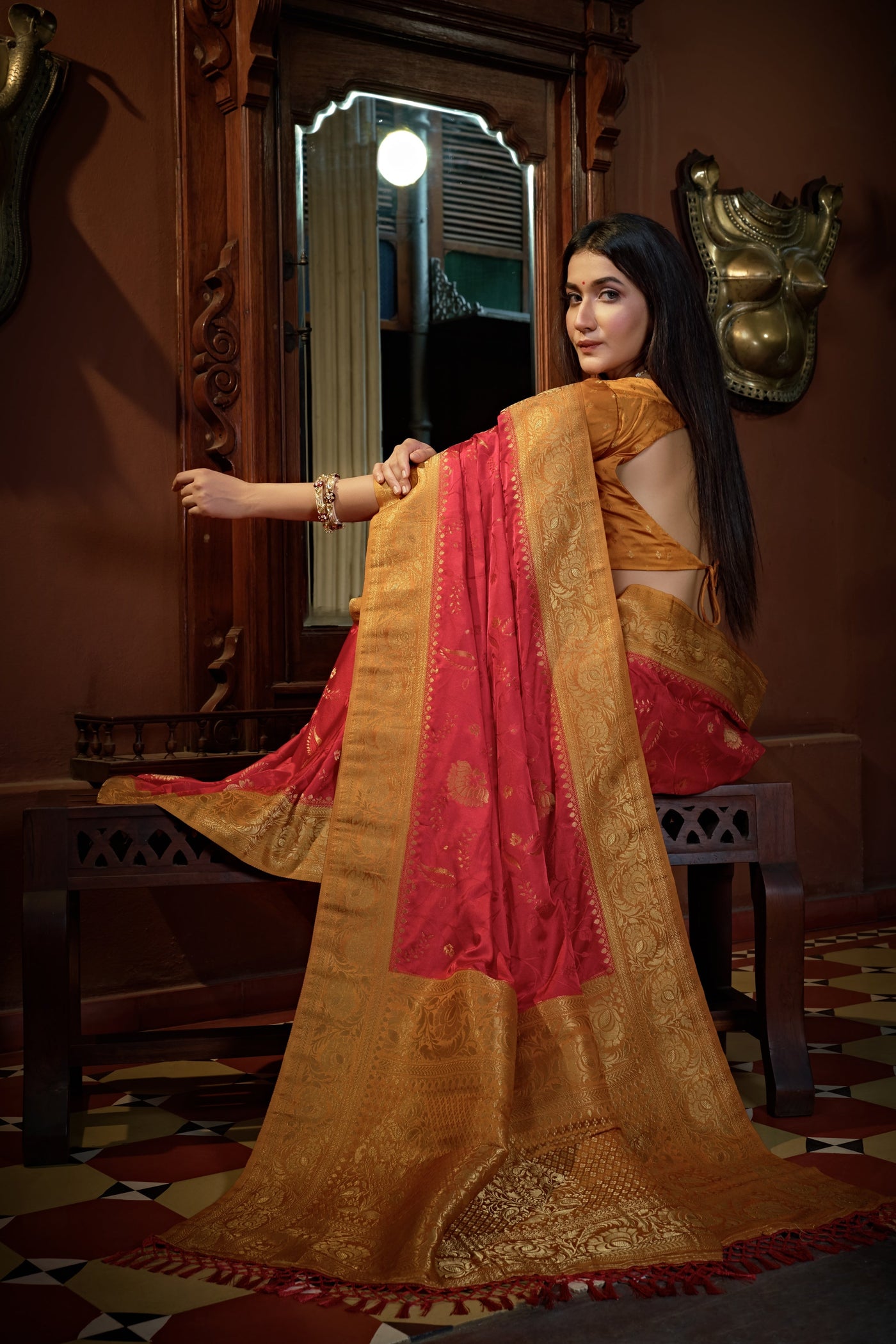 Myrtle Red Golden Zari Banarasi Satin Silk Saree