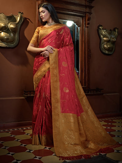 Myrtle Red Golden Zari Banarasi Satin Silk Saree