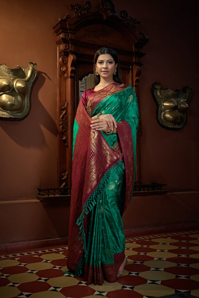 Indigo Blue Golden Zari Banarasi Satin Silk Saree