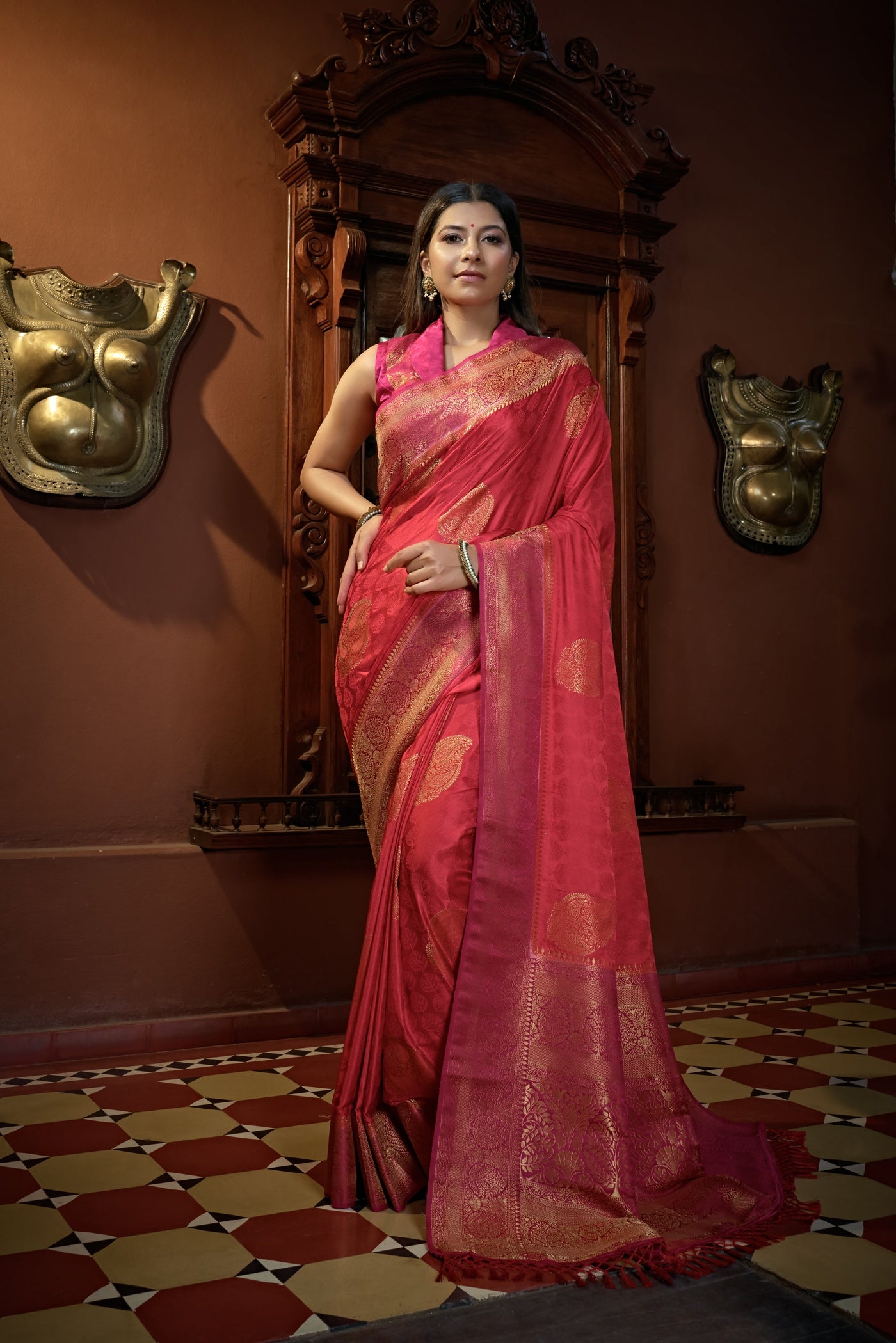 Myrtle Pink Golden Zari Banarasi Satin Silk Saree