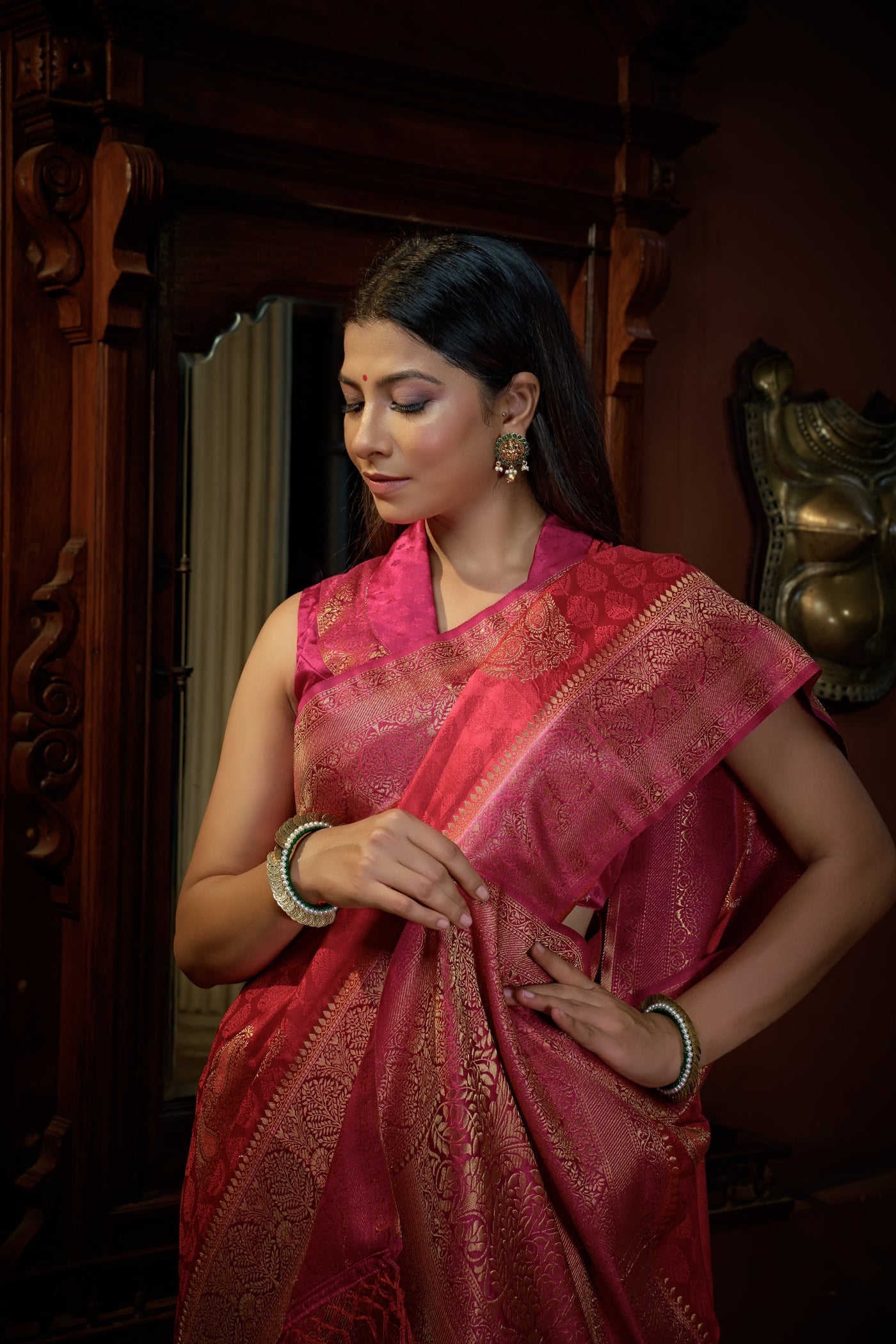 Myrtle Pink Golden Zari Banarasi Satin Silk Saree