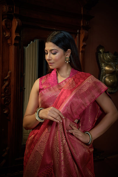 Myrtle Pink Golden Zari Banarasi Satin Silk Saree