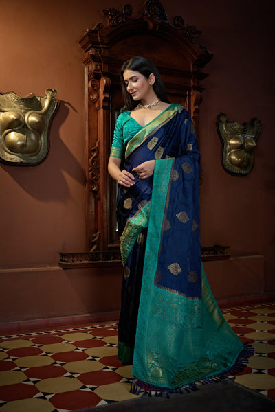 Cobalt Blue Golden Zari Banarasi Satin Silk Saree - House of Vardha