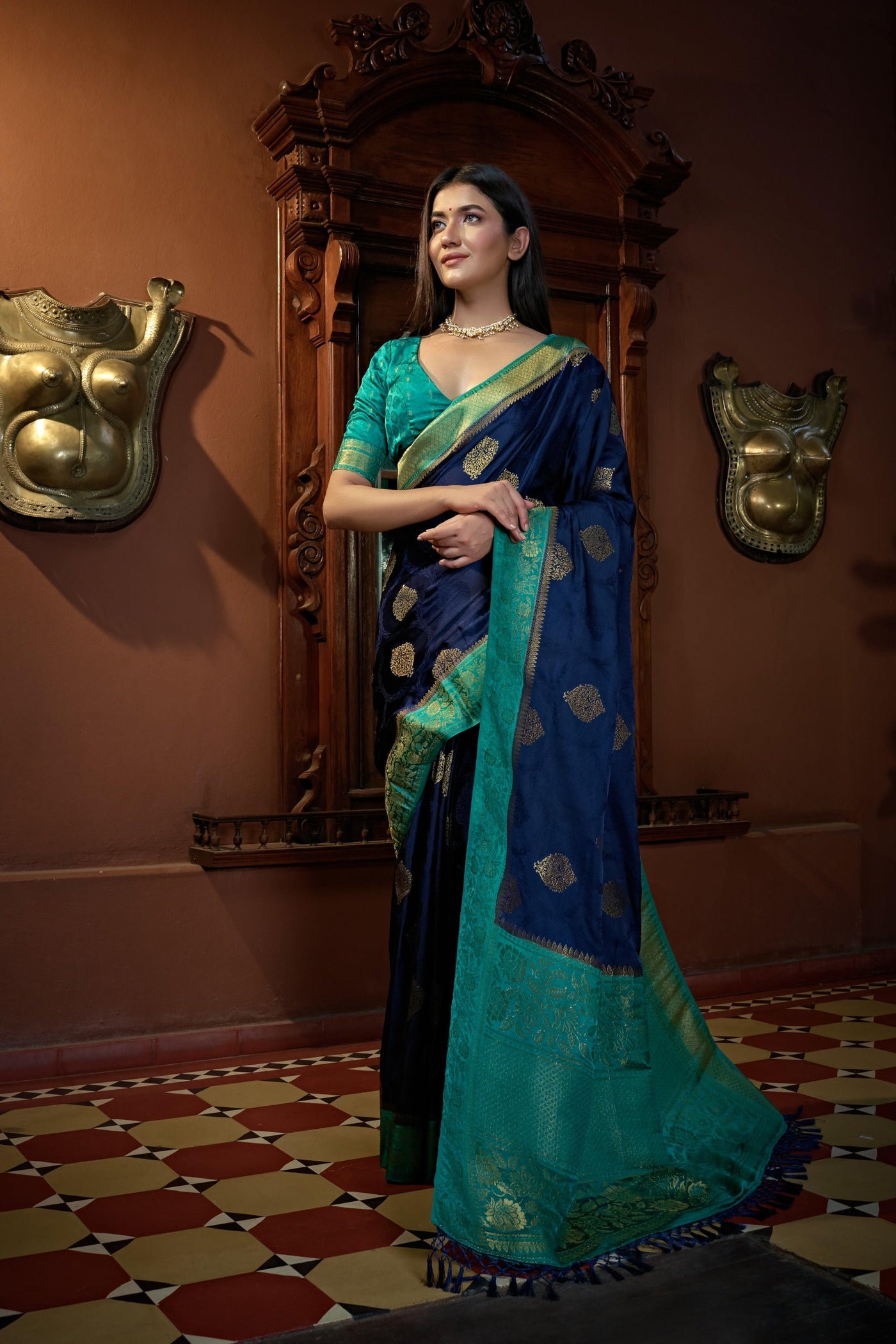 Cobalt Blue Golden Zari Banarasi Satin Silk Saree - House of Vardha