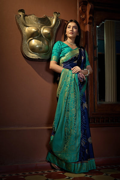 Cobalt Blue Golden Zari Banarasi Satin Silk Saree - House of Vardha