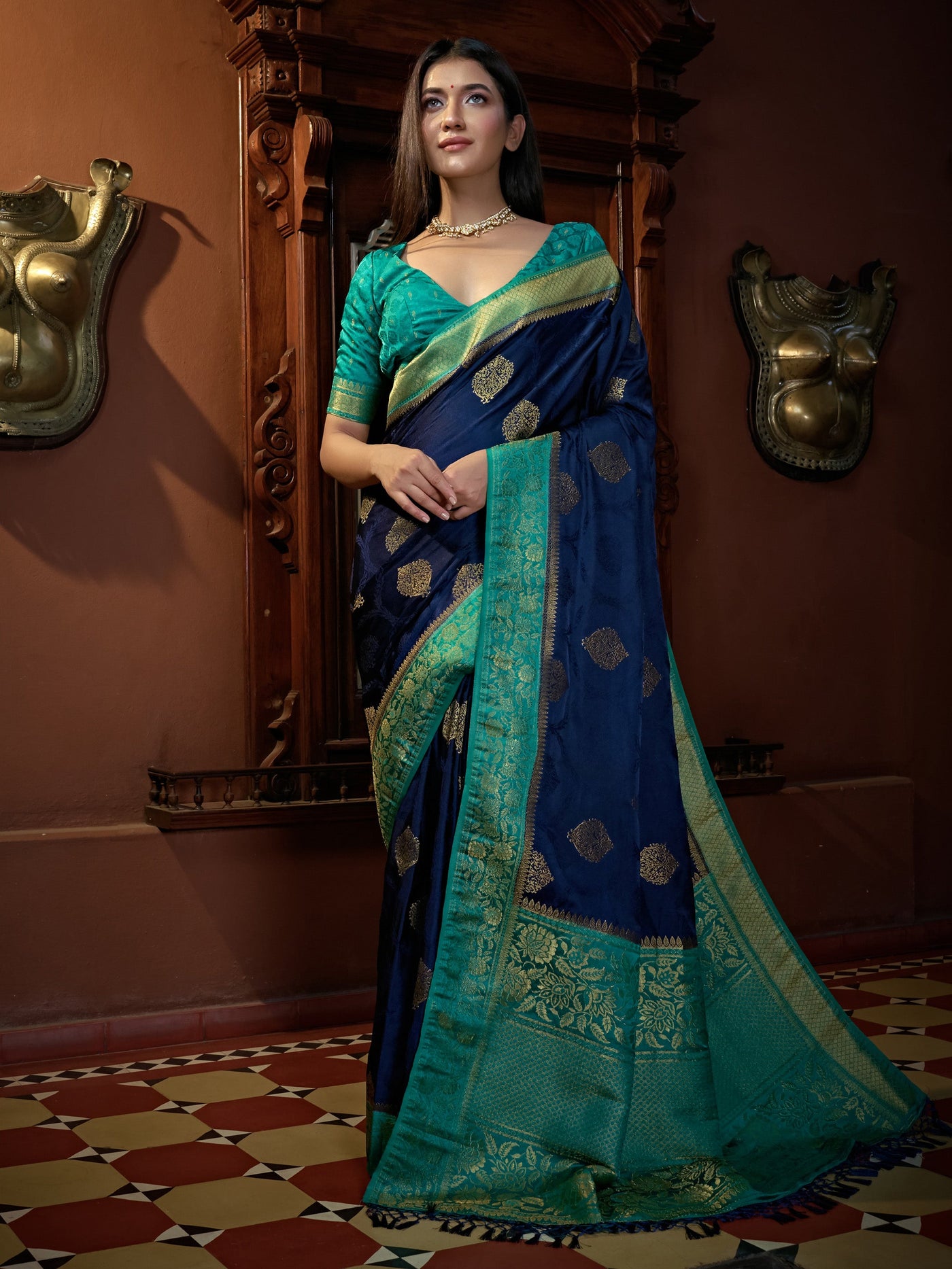 Cobalt Blue Golden Zari Banarasi Satin Silk Saree - House of Vardha