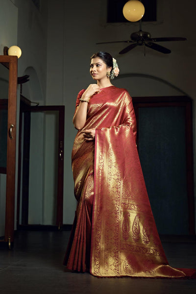 Burgundy Maroon Zari Work Kanjeevaram Silk Saree - House of Vardha