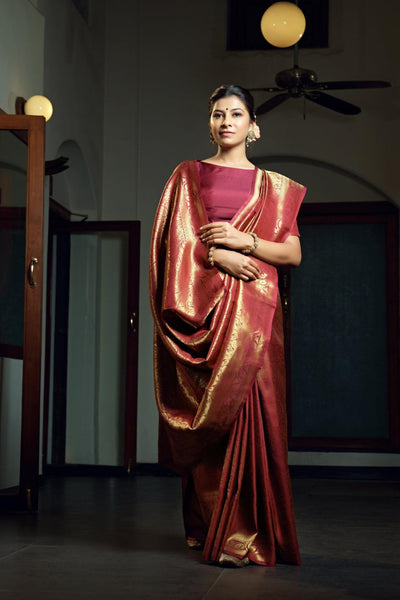 Burgundy Maroon Zari Work Kanjeevaram Silk Saree - House of Vardha