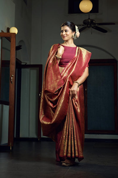 Burgundy Maroon Zari Work Kanjeevaram Silk Saree - House of Vardha