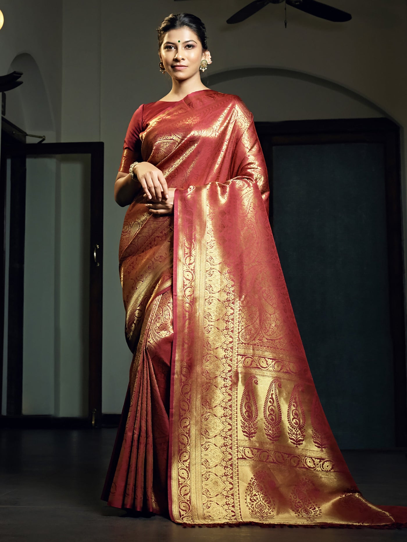 Burgundy Maroon Zari Work Kanjeevaram Silk Saree - House of Vardha