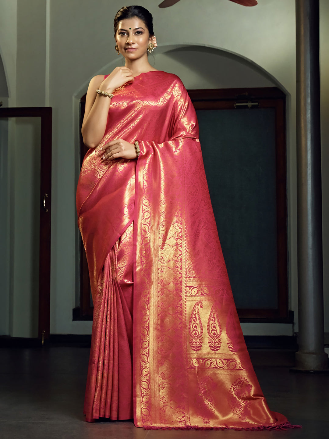 Fuchsia Pink Zari Work Kanjeevaram Silk Saree House of Vardha