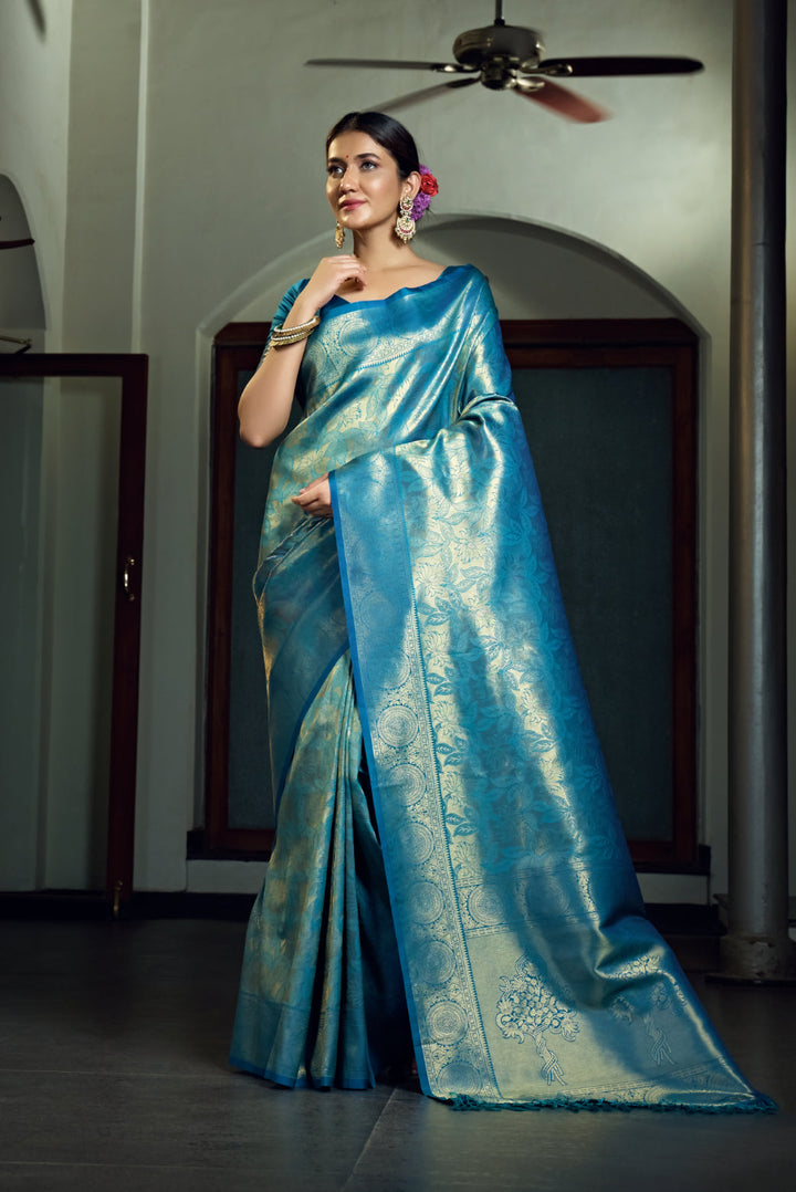 Teal Blue Zari Work Kanjivaram Silk Saree