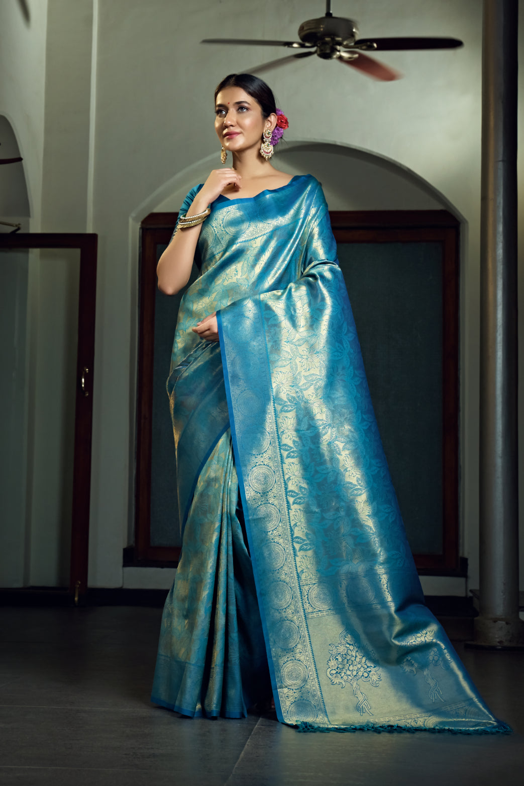 Sky Blue Zari Work Kanjeevaram Silk Saree