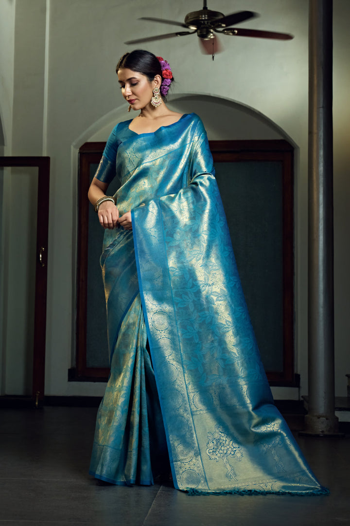 Teal Blue Zari Work Kanjivaram Silk Saree