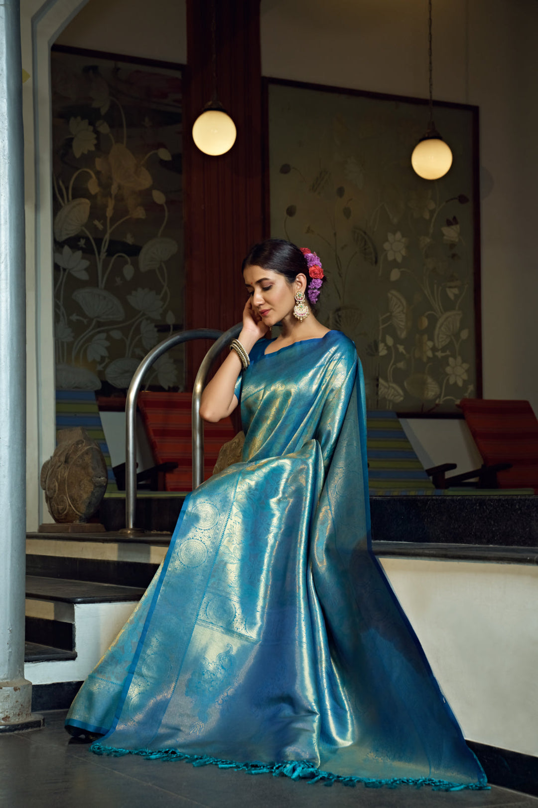 Teal Blue Zari Work Kanjivaram Silk Saree