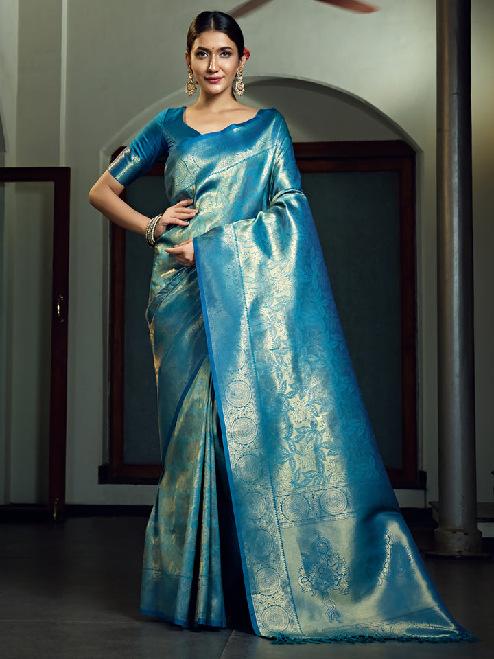 Teal Blue Zari Work Kanjivaram Silk Saree