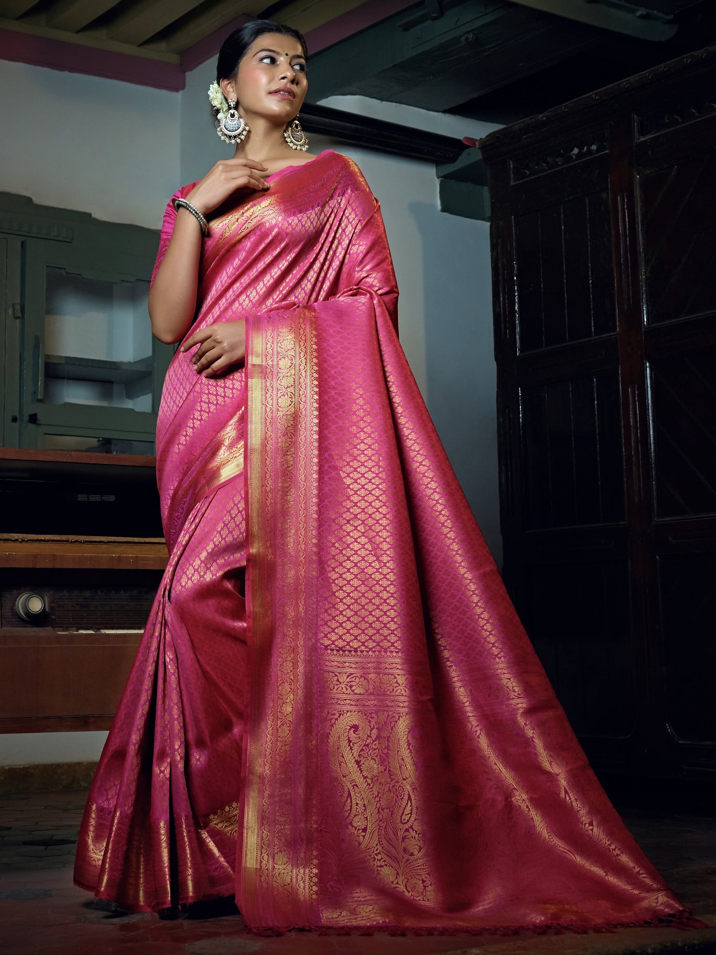 Ruby Pink Golden Zari Kanjeevaram Silk Saree