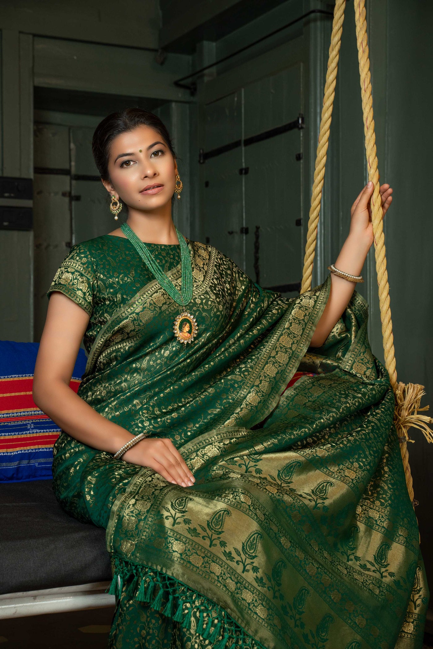Myrtle Green Golden Zari Banarasi Satin Silk Saree