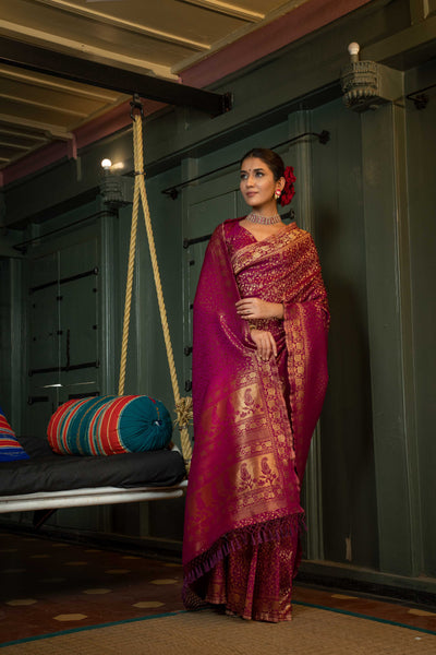 Wine Purple Golden Zari Banarasi Satin Silk Saree