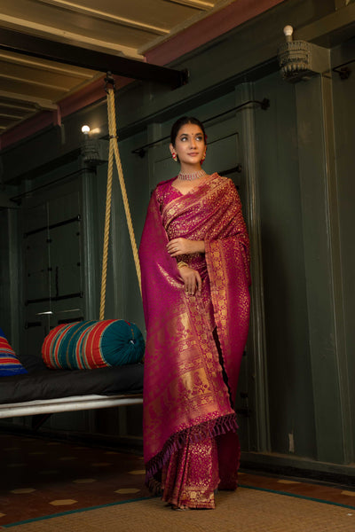 Wine Purple Golden Zari Banarasi Satin Silk Saree