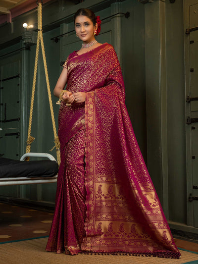 Wine Purple Golden Zari Banarasi Satin Silk Saree