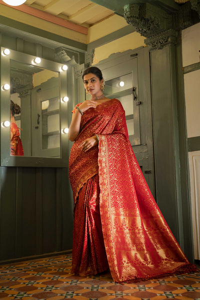 Maroon Red Golden Zari Banarasi Satin Silk Saree