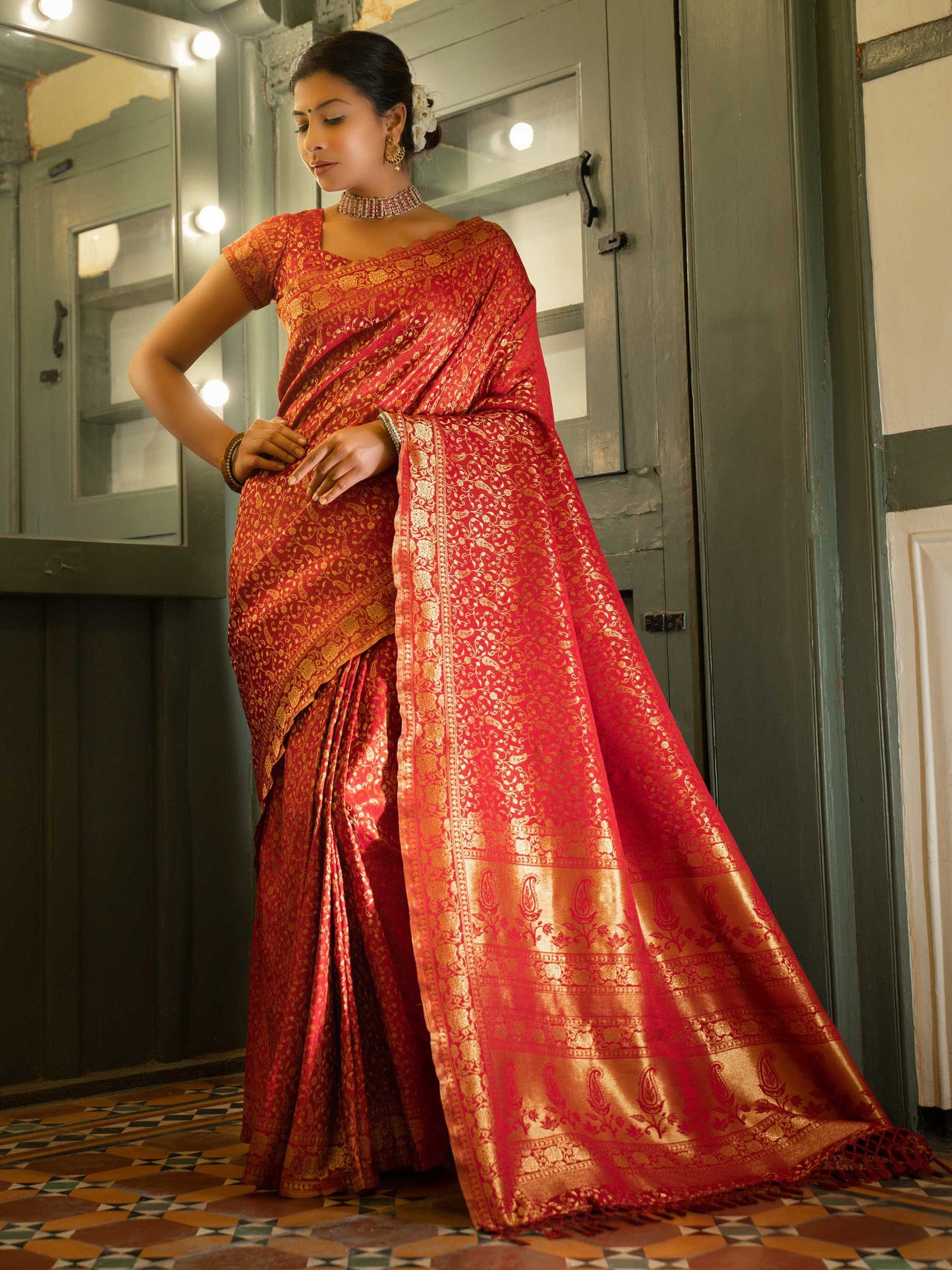 Maroon Red Golden Zari Banarasi Satin Silk Saree