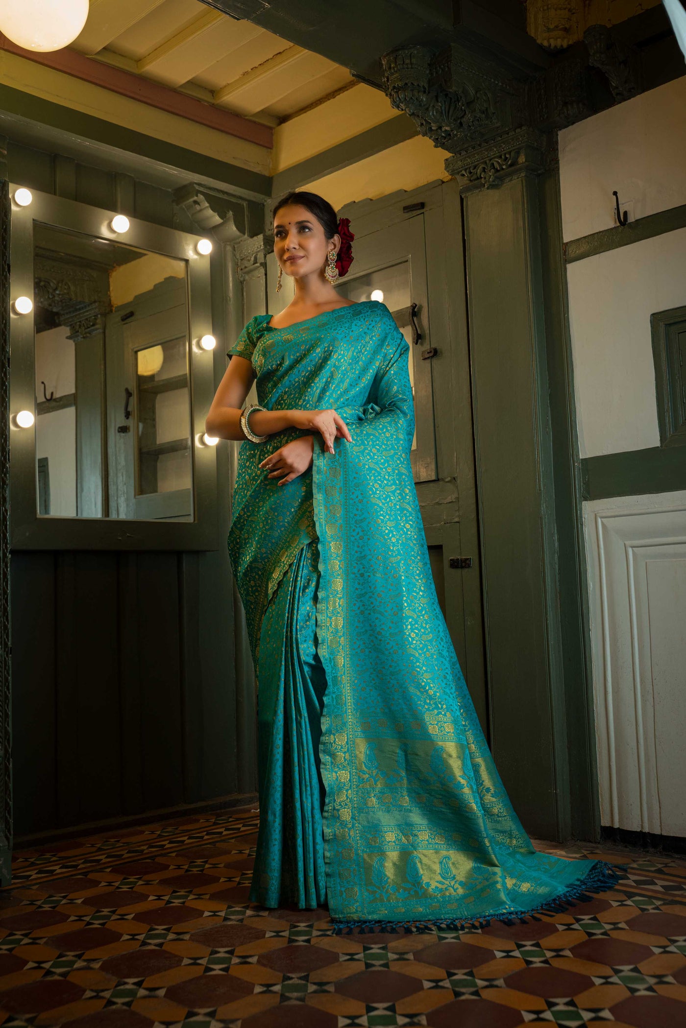 Turquoise Blue Golden Zari Banarasi Satin Silk Saree