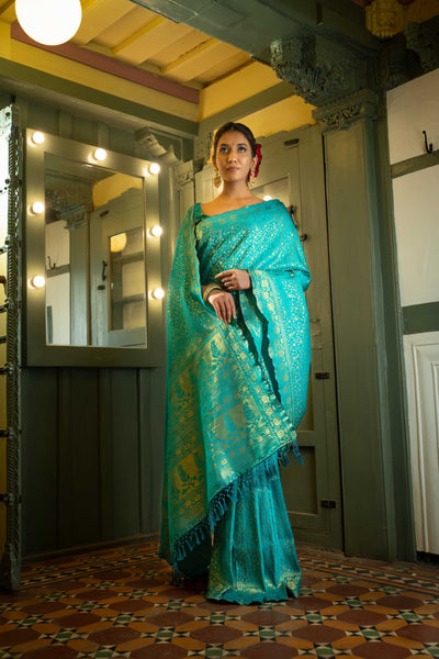 Turquoise Blue Golden Zari Banarasi Satin Silk Saree