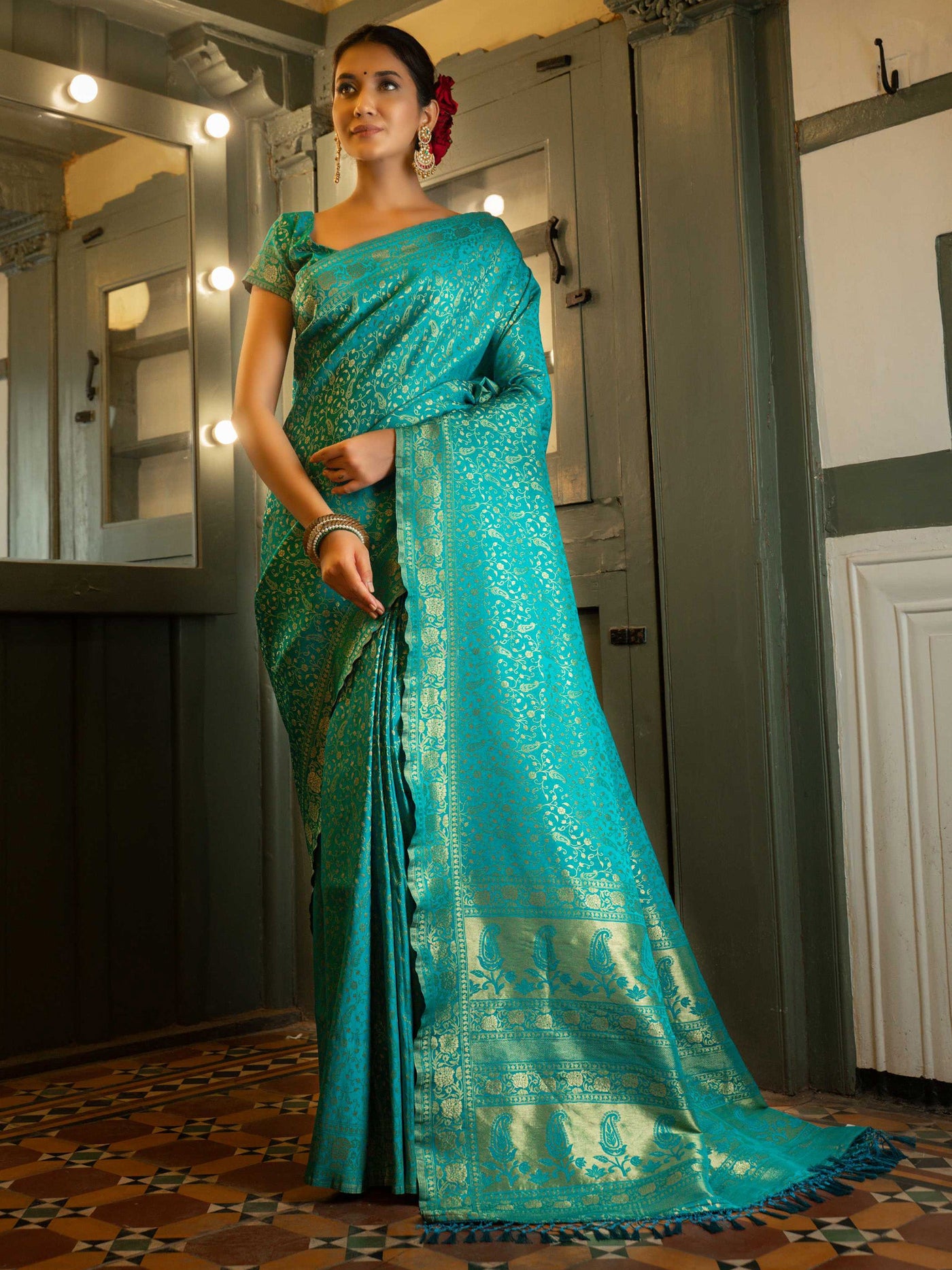 Turquoise Blue Golden Zari Banarasi Satin Silk Saree