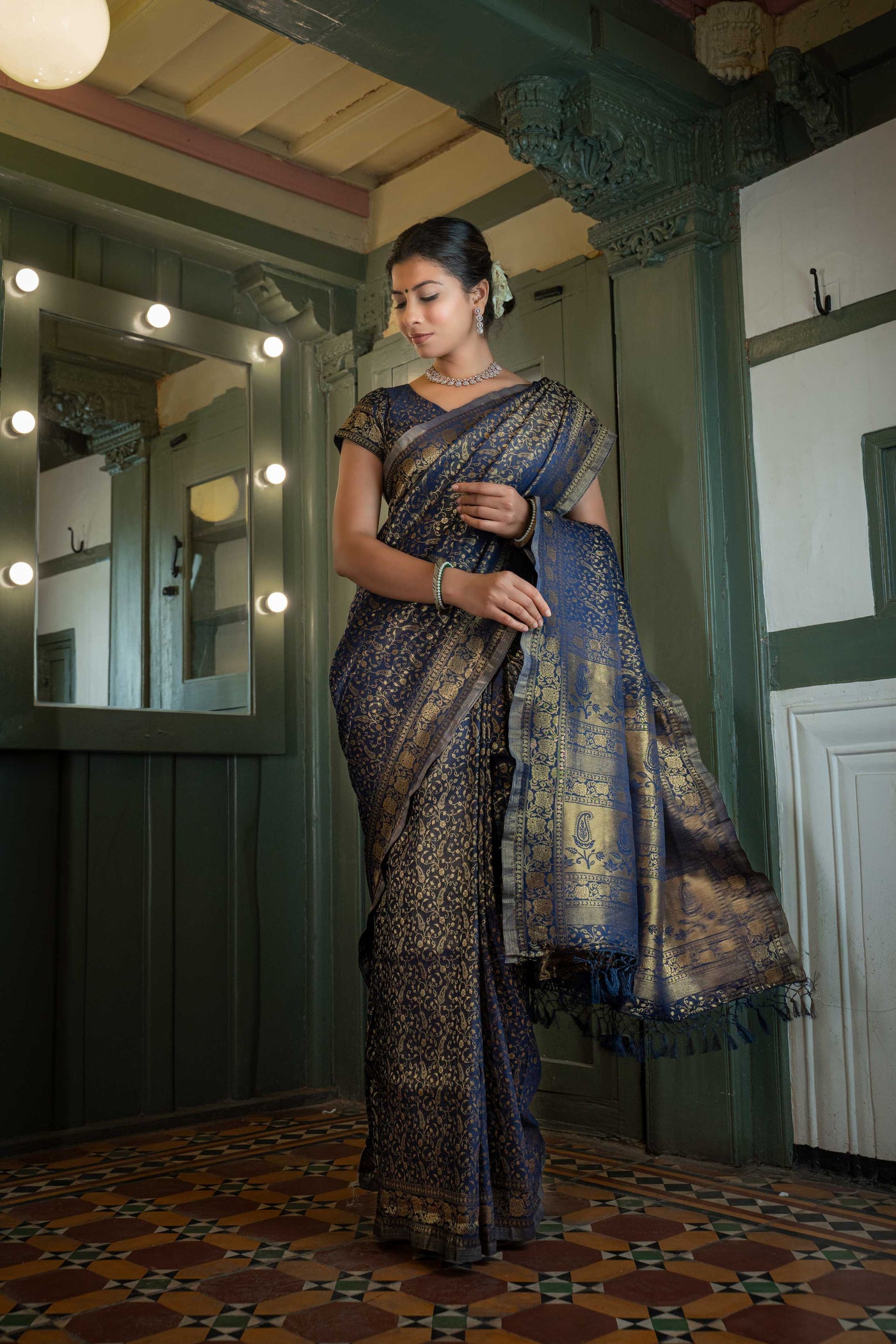 Midnight Blue Golden Zari Banarasi Satin Silk Saree