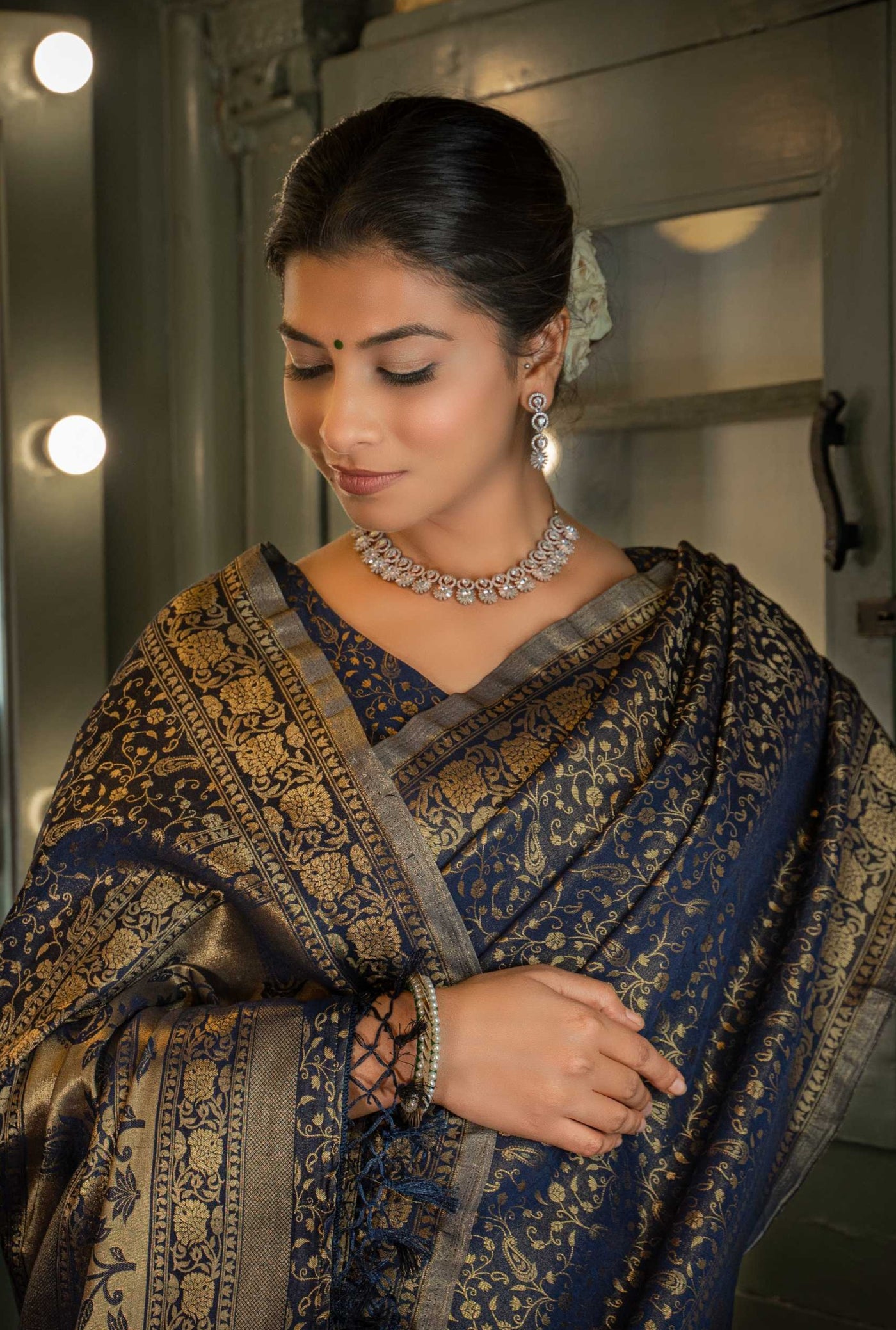 Midnight Blue Golden Zari Banarasi Satin Silk Saree