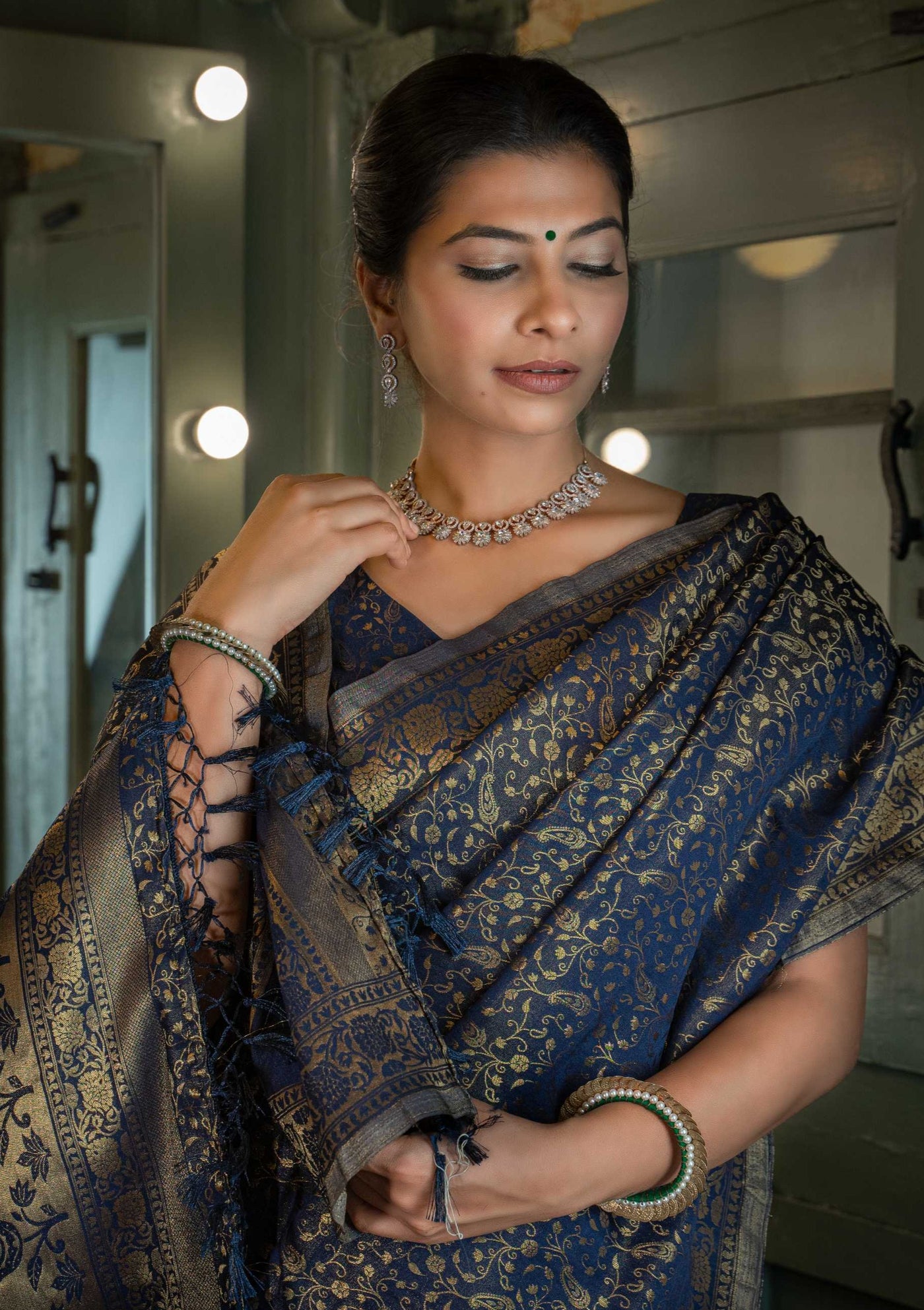 Midnight Blue Golden Zari Banarasi Satin Silk Saree