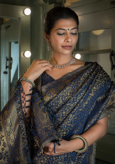 Midnight Blue Golden Zari Banarasi Satin Silk Saree
