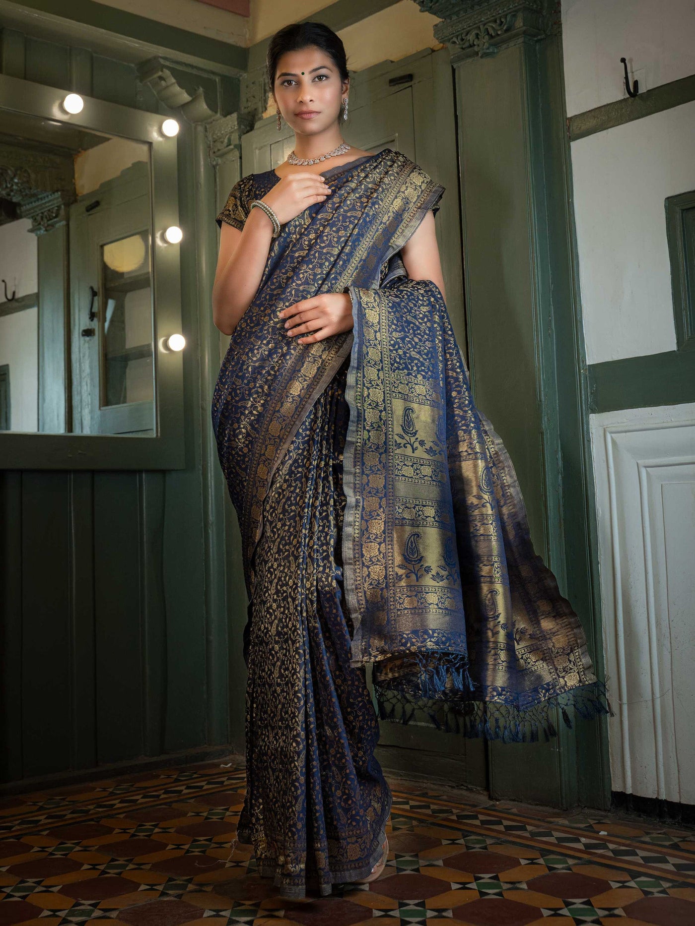 Midnight Blue Golden Zari Banarasi Satin Silk Saree